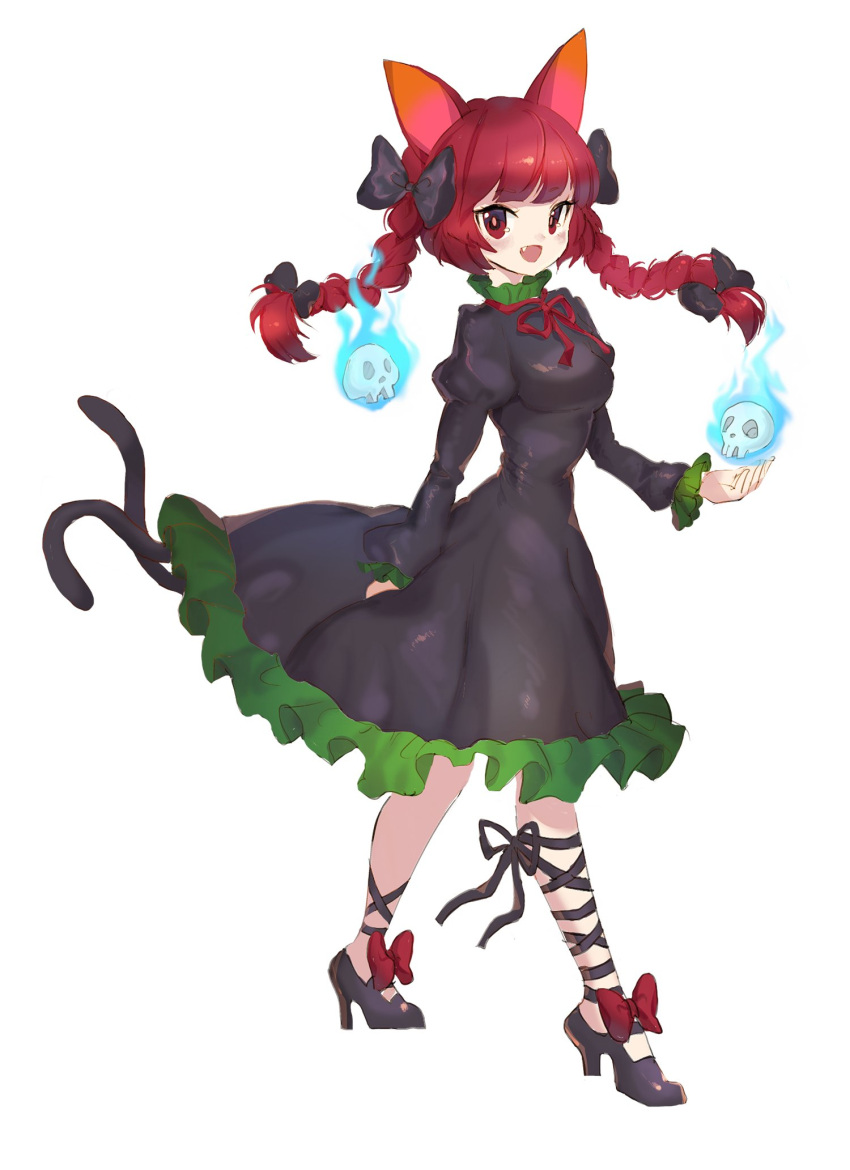 1girl :d animal_ears black_bow black_ribbon blunt_bangs blush bow braid breasts cat_ears cat_tail commentary_request floating_hair floating_skull footwear_bow frills full_body hair_bow hair_ribbon high_heels highres hitodama juliet_sleeves kaenbyou_rin leg_ribbon long_hair long_sleeves medium_breasts multiple_tails nekomata no_socks open_mouth orchid_(pixiv3730518) puffy_sleeves red_bow red_eyes red_ribbon redhead ribbon simple_background smile solo tail touhou tress_ribbon twin_braids twintails two_tails white_background