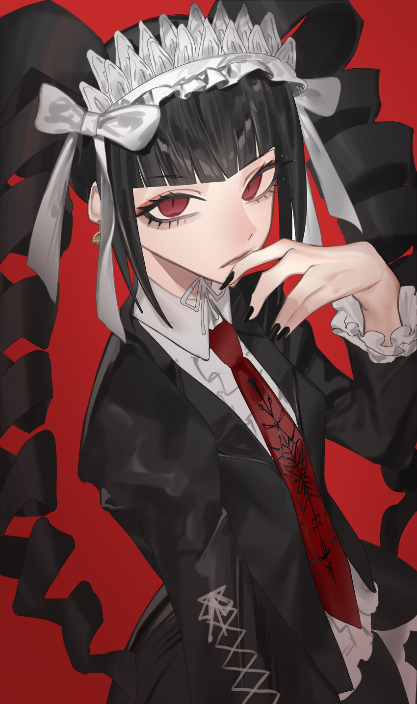1girl absurdres black_hair black_nails bonnet celestia_ludenberg danganronpa:_trigger_happy_havoc danganronpa_(series) drill_hair earrings expressionless frills gokuama gothic_lolita highres jacket jewelry lolita_fashion long_hair long_sleeves looking_at_viewer nail_polish necktie red_background red_eyes red_necktie shirt simple_background smile solo twin_drills twintails