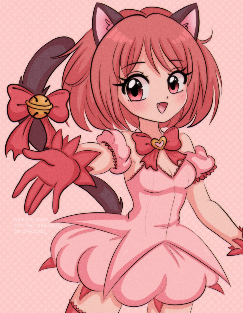1990s_(style) 1girl absurdres animal_ears bell blush bow bowtie breasts bridal_garter cat_ears cat_girl cat_tail chelly_(chellyko) detached_sleeves dress fang gloves heart highres looking_at_viewer mew_ichigo momomiya_ichigo open_mouth outstretched_arm pink_background pink_dress red_bow red_bowtie red_eyes red_gloves redhead retro_artstyle ribbon short_hair short_sleeves simple_background small_breasts smile solo standing strapless strapless_dress tail tail_bell tail_ornament tail_ribbon tokyo_mew_mew