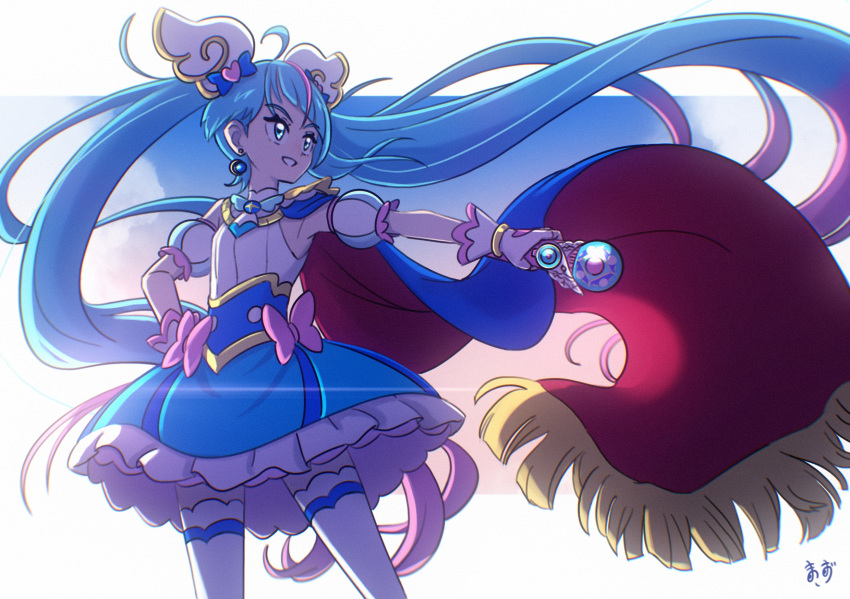 1girl ahoge backlighting blue_cape blue_dress blue_eyes bow brooch cape commentary cure_sky cut_bangs detached_sleeves dress earrings fingerless_gloves frilled_dress frills fringe_trim gloves grin hand_on_own_hip highres hirogaru_sky!_precure holding jewelry long_hair looking_to_the_side magical_girl multicolored_hair pink_bow pink_hair precure puffy_detached_sleeves puffy_sleeves red_cape single_sidelock sky_mirage sleeveless sleeveless_dress smile solo sora_harewataru standing streaked_hair thigh-highs twintails two-sided_cape two-sided_fabric very_long_hair white_gloves white_thighhighs wind wing_hair_ornament zerolay