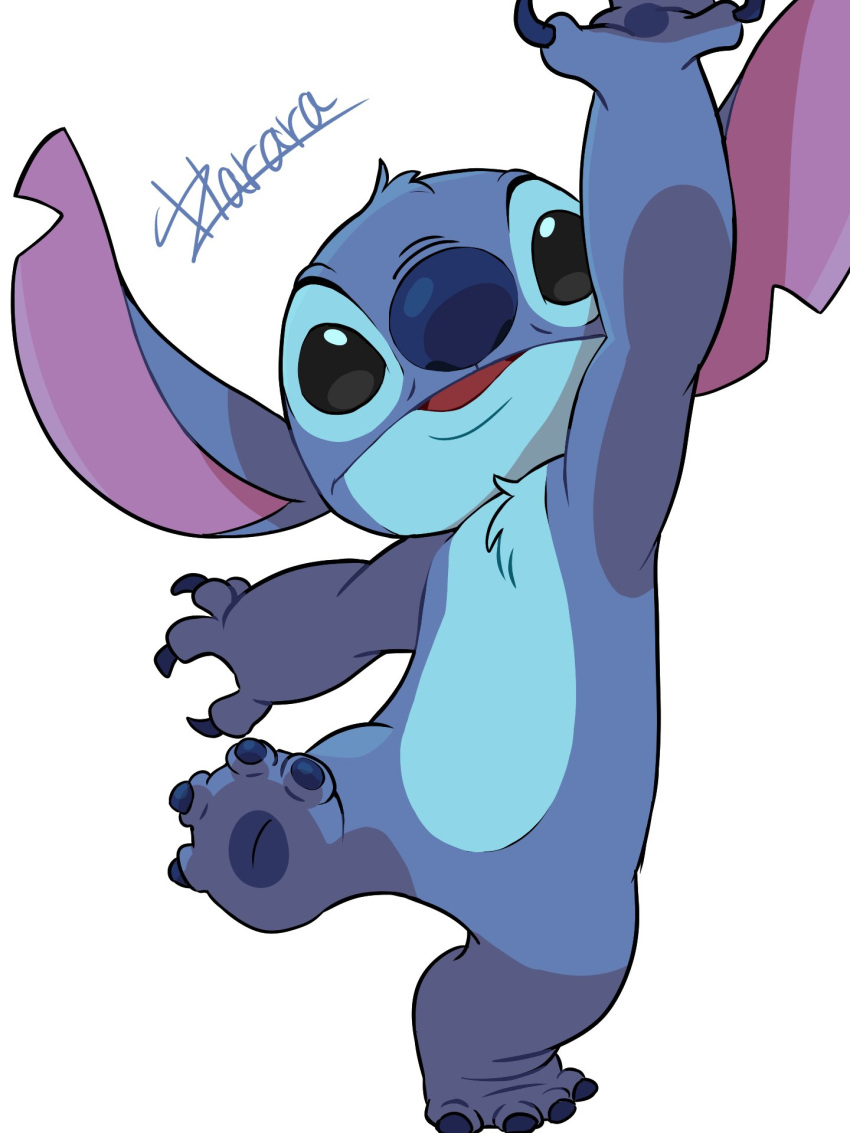 artist_name blue_fur harara_mk2 highres lilo_&amp;_stitch looking_at_viewer no_humans open_mouth red_footwear simple_background solo stitch_(lilo_&amp;_stitch) white_background