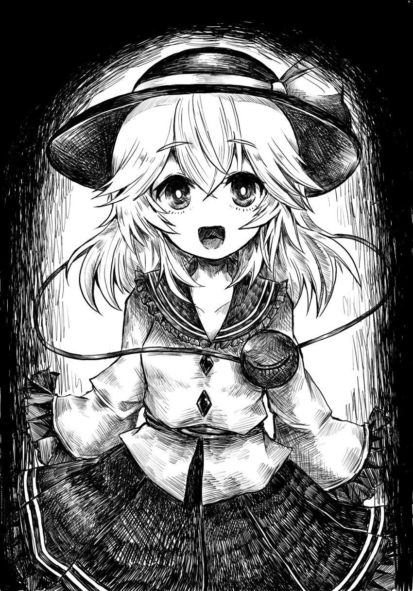 1girl :d commentary_request greyscale hat hat_ribbon highres komeiji_koishi looking_at_viewer medium_hair monochrome open_mouth ribbon shirt skirt smile solo third_eye touhou washiwa