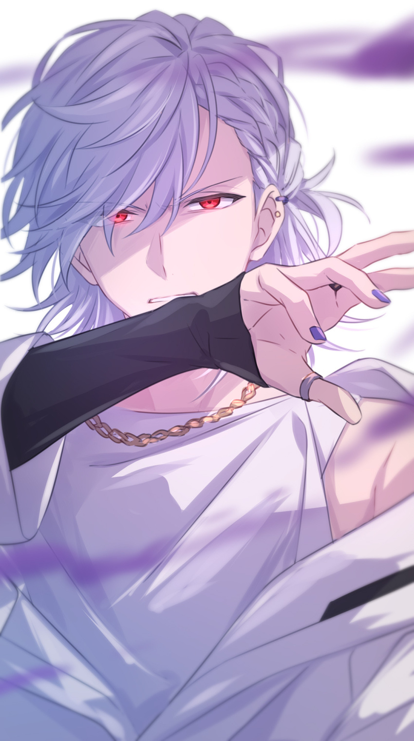 1boy chain_necklace character_request commentary_request ear_piercing eyes_visible_through_hair fingernails hand_up helios_rising_heroes highres jewelry long_hair long_sleeves looking_at_viewer male_focus necklace partial_commentary piercing purple_nails red_eyes ring sekina solo teeth upper_body white_hair