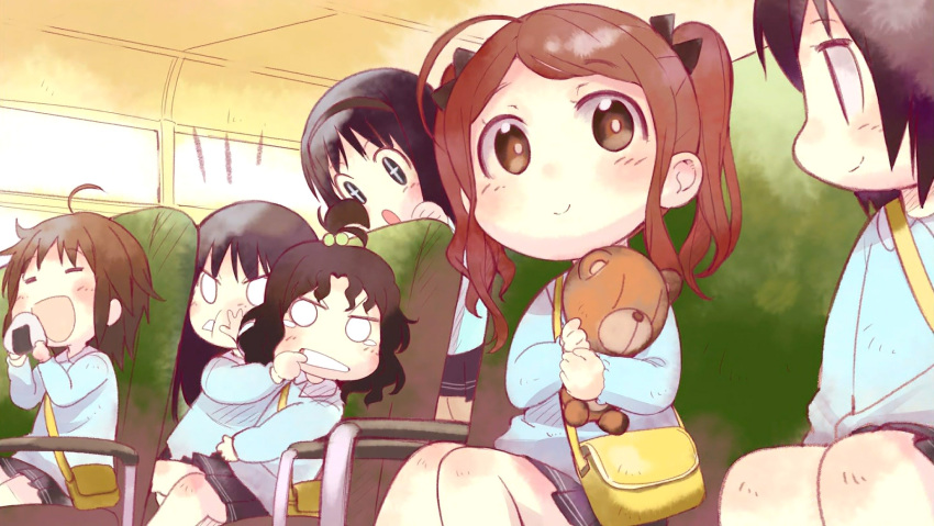 1girl 6+girls :d :o aged_down ahoge amagami ayatsuji_tsukasa bag black_hair black_hairband black_skirt blue_shirt blush bright_pupils brown_eyes brown_hair bus_interior cheek_squash closed_eyes closed_mouth eating end_card female_child fighting finger_in_another's_mouth food hair_bobbles hair_ornament hairband hand_on_another's_stomach highres holding holding_food holding_stuffed_toy jitome leaning_on_person leaning_to_the_side long_sleeves looking_at_another looking_at_viewer looking_down looking_to_the_side messy_hair morishima_haruka multiple_girls nakata_sae nanasaki_ai non-web_source notice_lines official_art onigiri open_mouth pleated_skirt production_art sakurai_rihoko shirt short_hair shoulder_bag sidelocks sitting skirt smile sparkling_eyes standing stuffed_animal stuffed_toy tanamachi_kaoru teddy_bear twintails v-shaped_eyebrows watarai_keiji wavy_hair white_pupils window yellow_bag