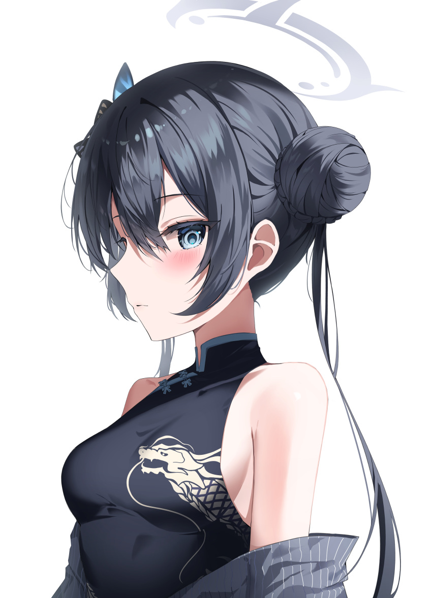 1girl absurdres bare_shoulders black_hair blue_archive blue_eyes breasts butterfly_hair_ornament china_dress chinese_clothes double_bun dragon_print dress hair_bun hair_ornament halo highres kisaki_(blue_archive) long_hair looking_at_viewer off_shoulder sideboob simple_background small_breasts solo tess_(88884) white_background