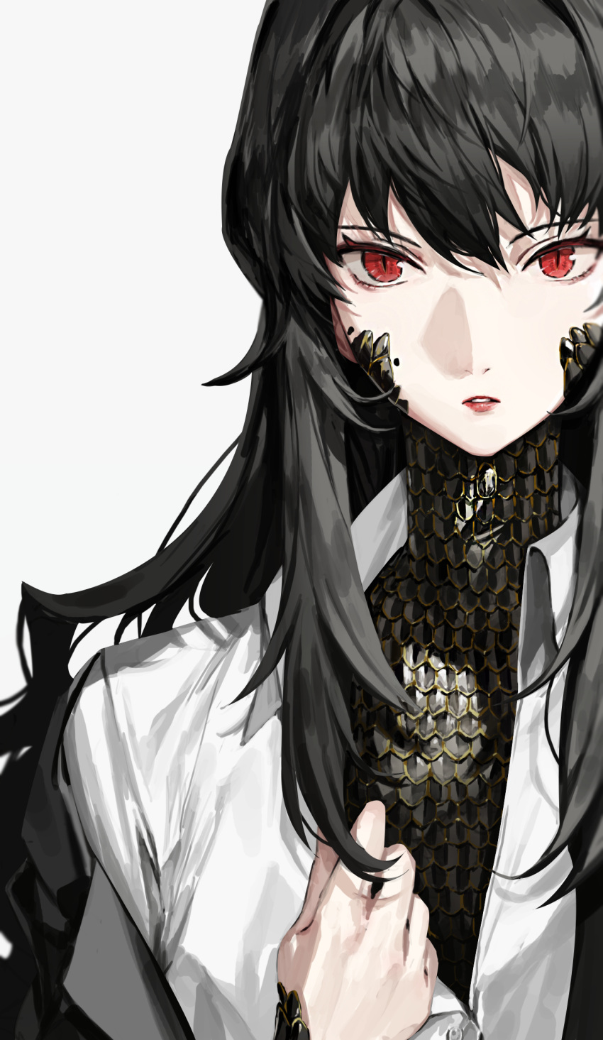 1girl black_hair carol0905 collared_shirt highres library_of_ruina long_hair long_sleeves looking_at_viewer open_clothes open_shirt parted_lips project_moon red_eyes scales shirt sidelocks simple_background solo upper_body very_long_hair white_background white_shirt xiao_(library_of_ruina)