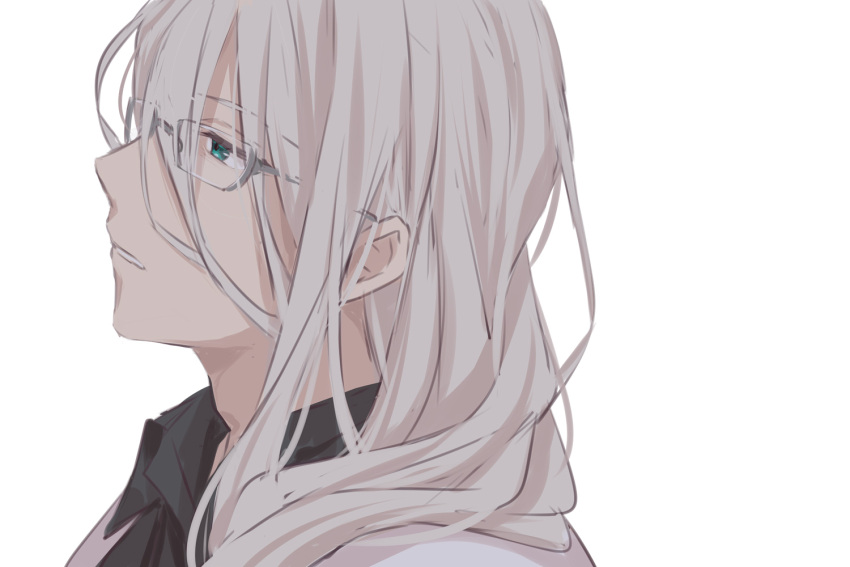 1boy blue_eyes character_request collared_shirt commentary_request from_side glasses hair_over_shoulder helios_rising_heroes long_hair male_focus parted_lips partial_commentary portrait sekina shirt simple_background solo white_background white_hair
