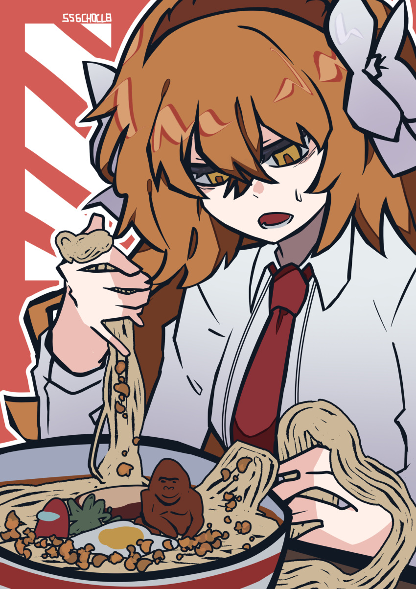1girl ai-generated_art_(topic) ai_drawing_anime_characters_eating_ramen_(meme) among_us artist_name bow bowl brown_hairband chocolate coco_(556ch0cl8) crewmate_(among_us) egg egg_(food) food gorilla hairband highres holding holding_food ishmael_(limbus_company) limbus_company meme necktie noodles open_mouth orange_hair project_moon ramen red_necktie ribbon shirt solo white_bow white_ribbon white_shirt you're_doing_it_wrong