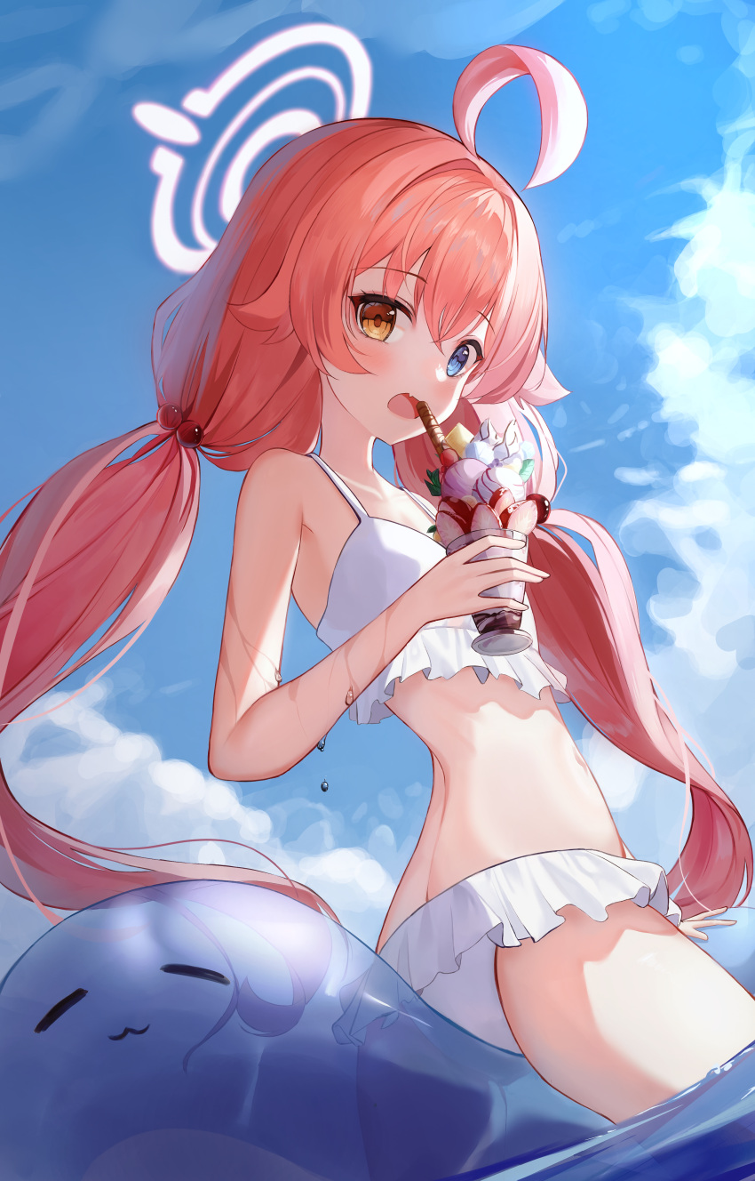 1girl absurdres ahoge artist_request bare_shoulders bikini blue_archive blue_eyes blue_sky day food frilled_bikini frills hair_bobbles hair_ornament halo heterochromia highres hoshino_(blue_archive) hoshino_(swimsuit)_(blue_archive) ice_cream inflatable_toy long_hair looking_at_viewer low_twintails midriff ocean official_alternate_costume parfait pink_hair sky solo swimsuit twintails wet white_bikini yellow_eyes