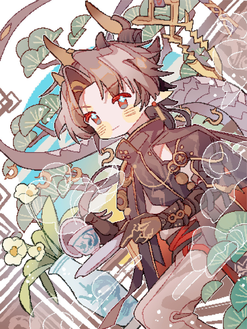 1boy arknights blue_background blush brown_gloves brown_hair brown_pants chinese_commentary chong_yue_(arknights) commentary_request cup dragon_boy dragon_horns dragon_tail dutch_angle earrings feet_out_of_frame flower flower-shaped_pupils gloves green_eyes highres holding holding_cup holding_saucer horns jewelry male_focus pants pixelated pointy_ears red_eyes saucer saucer_(saucer752) short_hair simple_background sitting solo symbol-shaped_pupils tail teacup vase white_background white_flower