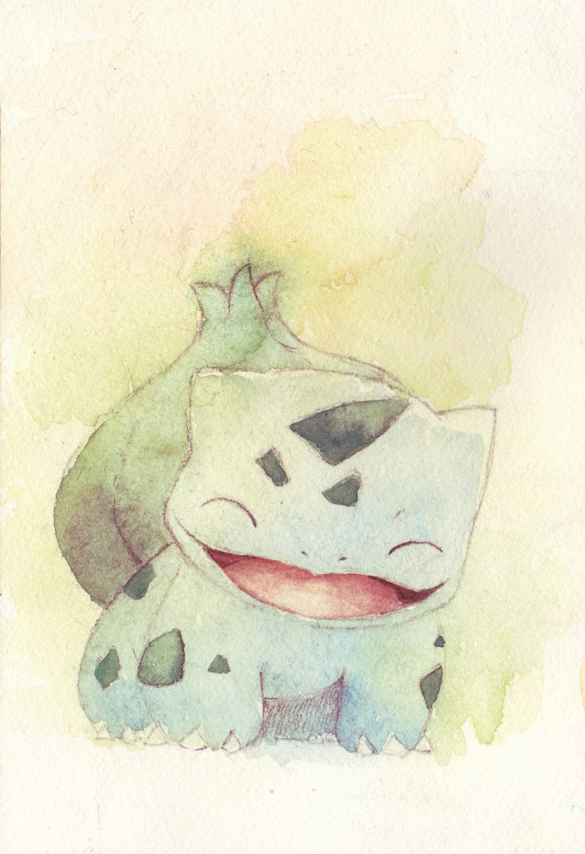 animal_focus bulbasaur claws closed_eyes highres no_humans nostrils open_mouth painting_(medium) pokemon pokemon_(creature) solo traditional_media watercolor_(medium) yamaki_kei