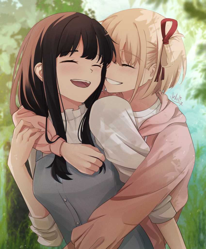 2girls absurdres black_hair blonde_hair blurry blurry_background blurry_foreground blush chxoswolf clenched_teeth closed_eyes collar commentary dress english_commentary frilled_collar frills grass grey_dress hair_ribbon highres hood hoodie hug hug_from_behind inoue_takina long_hair long_sleeves lycoris_recoil multiple_girls nature nishikigi_chisato one_side_up open_mouth pinafore_dress pink_hoodie puffy_sleeves red_ribbon ribbon shirt short_hair sidelocks signature sleeveless sleeveless_dress smile teeth upper_body upper_teeth_only white_shirt yuri
