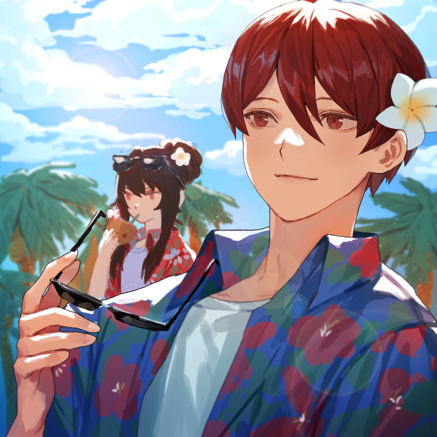1boy 1girl blue_shirt blue_sky brown_hair carol0905 clouds coconut floral_print flower hair_flower hair_ornament hair_up hawaiian_shirt highres holding holding_eyewear husband_and_wife library_of_ruina long_hair lowell_(library_of_ruina) palm_tree project_moon red_eyes red_shirt redhead shirt sky sunglasses tree upper_body very_long_hair white_flower white_shirt xiao_(library_of_ruina)