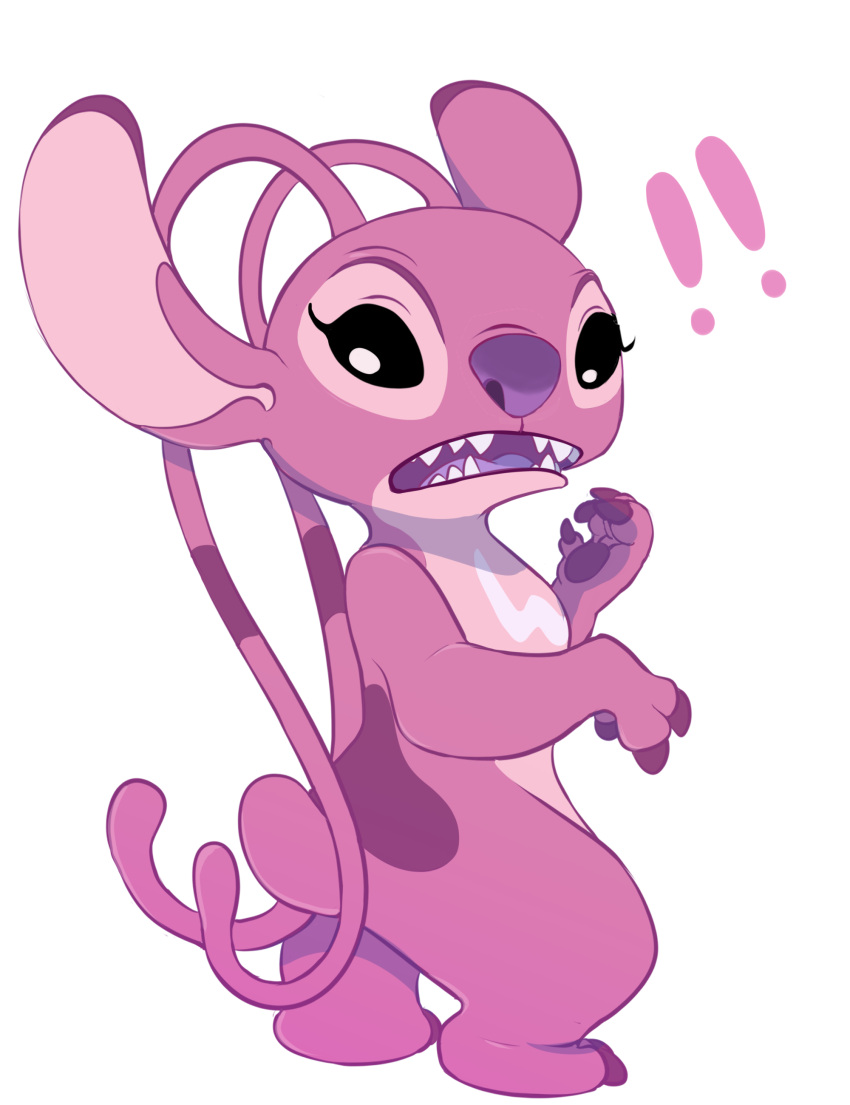 ! !! absurdres angel_(lilo_&amp;_stitch) experiment_(lilo_and_stitch) full_body highres lilo_&amp;_stitch looking_at_viewer no_humans open_mouth pink_fur simple_background solo white_background wugi
