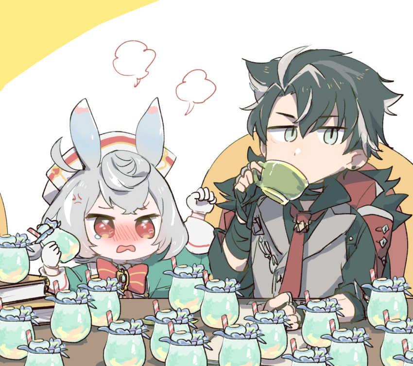 1boy 1girl =3 anger_vein animal_ears black_hair blush bow bowtie chair character_request chibi cup drinking ear_piercing genshin_impact gloves grey_hair hat holding holding_cup long_sleeves multicolored_hair necktie picotsuki piercing red_bow red_bowtie red_eyes red_necktie simple_background sitting tears upper_body white_gloves wriothesley_(genshin_impact)