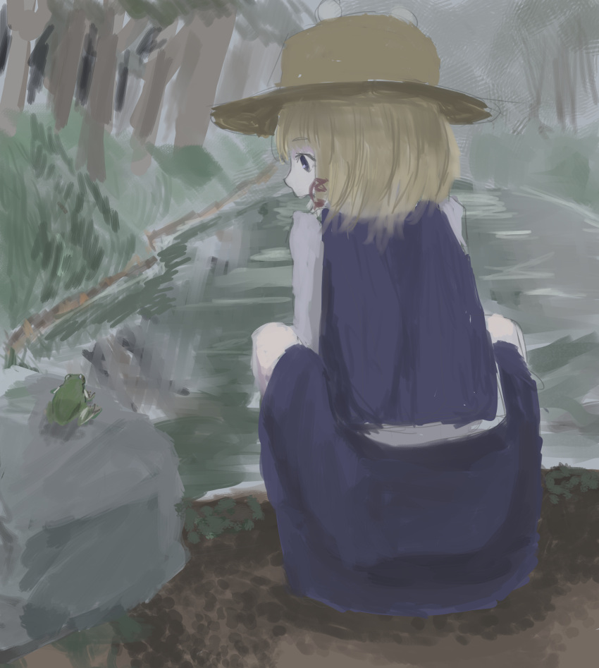 1girl absurdres blonde_hair forest frog grass grey_background hairband hat highres kneeling looking_at_another looking_at_viewer medium_hair moriya_suwako nature rain red_hairband river riverbank rock shinkopeishon solo touhou tree