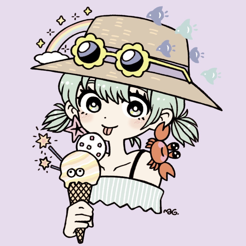 1girl bright_pupils clouds crab double_scoop earrings food garouma green_hair hat highres ice_cream ice_cream_cone jewelry multicolored_eyes original portrait purple_background rainbow short_hair simple_background solo starfish sunglasses tongue tongue_out white_pupils