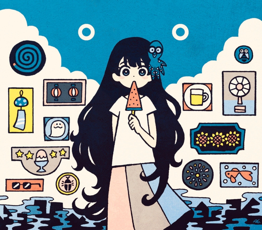 1girl black_hair blue_hair blue_skirt bright_pupils brown_skirt clouds cup fish flower food fruit garouma lantern long_hair looking_back multicolored_clothes multicolored_skirt octopus original pink_skirt shaved_ice shirt short_sleeves skirt solo spiral star_(symbol) sunglasses very_long_hair watermelon watermelon_slice white_pupils white_shirt wind_chime yellow_flower