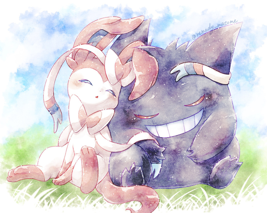 closed_eyes clouds commentary_request day gengar grass grin highres no_humans outdoors pokemon pokemon_(creature) remedy_matome sitting sky sleeping smile sylveon teeth