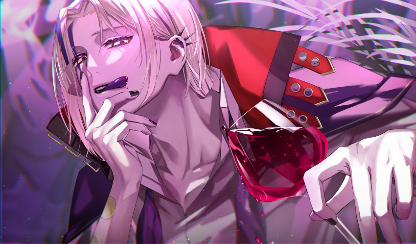 1boy absurdres alcohol black_nails blonde_hair blunt_ends bob_cut cape collarbone collared_shirt colored_tongue commentary cup drinking_glass ear_piercing english_commentary facial_mark hair_behind_ear half-closed_eyes hand_on_own_face highres holding holding_cup holostars holostars_english licking_lips looking_at_viewer magni_dezmond male_focus mole mole_under_mouth multicolored_hair naizou_bug open_collar parted_bangs piercing plant print_hair purple_background purple_cape purple_hair purple_tongue shirt short_hair solo spilling streaked_hair teeth tongue tongue_out undone_bowtie upper_body upper_teeth_only virtual_youtuber white_shirt wine wine_glass yellow_eyes
