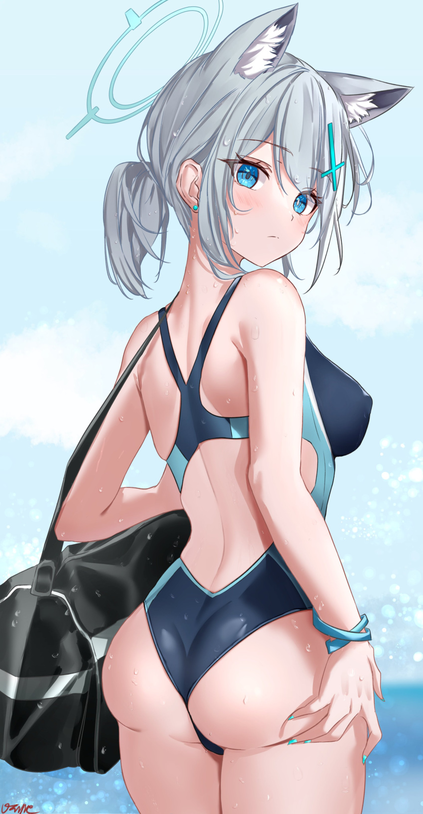 1girl absurdres animal_ear_fluff animal_ears aqua_nails ass bag bare_shoulders blue_archive blue_eyes blue_sky bracelet commentary_request competition_swimsuit cross_hair_ornament extra_ears grey_hair hair_ornament halo highres jewelry looking_at_viewer ocean official_alternate_costume one-piece_swimsuit ponytail shiroko_(blue_archive) shiroko_(swimsuit)_(blue_archive) shoulder_bag sky solo swimsuit thighs vayneeeee wet wolf_ears