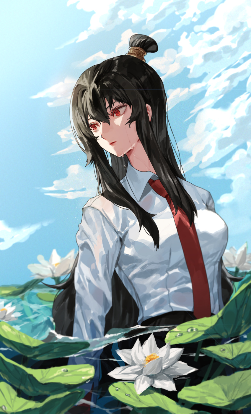1girl absurdres black_hair blue_sky breasts carol0905 closed_mouth clouds collared_shirt flower hair_bun hair_ornament highres library_of_ruina long_hair lotus lotus_leaf medium_breasts necktie partially_submerged project_moon red_eyes red_necktie shirt sidelocks sky sunlight very_long_hair water white_flower white_shirt xiao_(library_of_ruina)