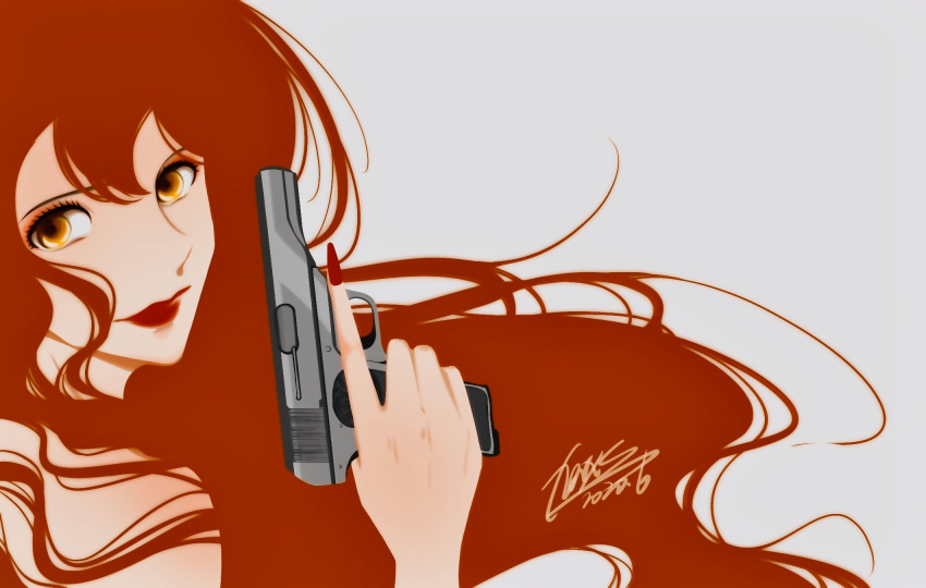 1girl alternate_hair_color bare_shoulders closed_mouth commentary eyelashes eyeshadow fingernails floating_hair fn_m1910 gradient_eyes grey_background gun handgun highres holding holding_gun holding_weapon lipstick long_fingernails long_hair looking_at_viewer lupin_iii makeup mine_fujiko multicolored_eyes nail_polish negative_space nose orange_eyes red_eyes red_lips red_nails redhead shadow sideways_glance signature simple_background solo trigger_discipline turning_head upper_body wavy_hair weapon xerxesy yellow_eyes