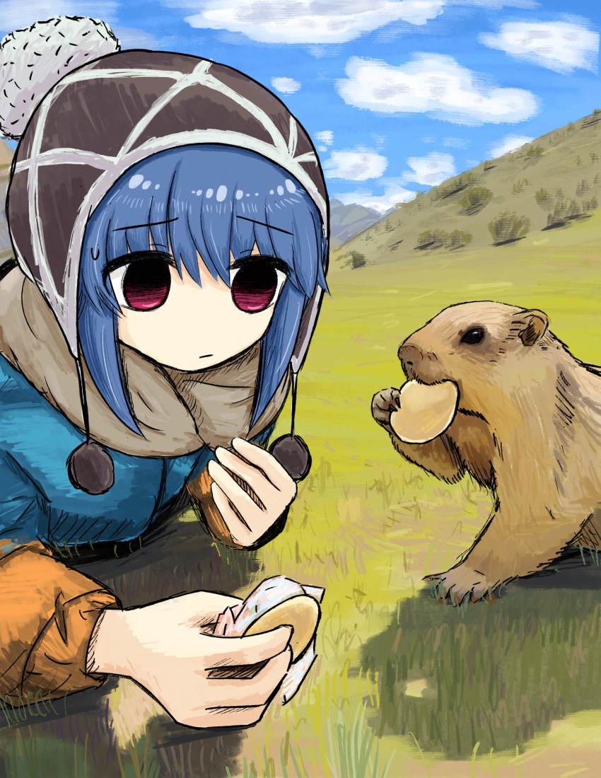 1girl animal beanie blue_hair blue_sky bubbacterial closed_mouth clouds day eating food grass hair_between_eyes hat highres holding holding_food long_sleeves lying on_stomach outdoors pom_pom_(clothes) red_eyes shima_rin sky sweat yurucamp