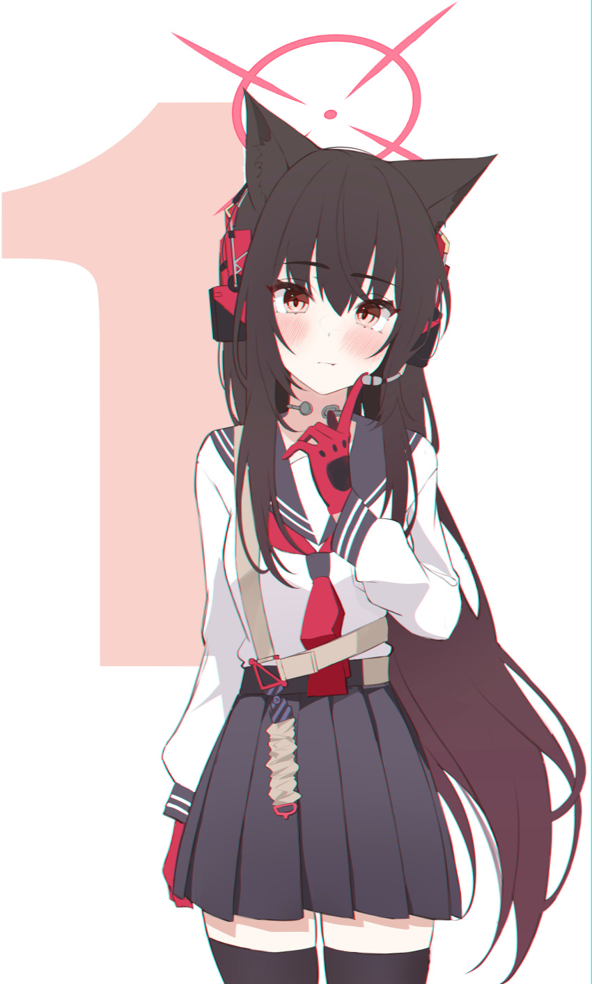 1girl absurdres animal_ears black_hair black_sailor_collar black_skirt black_thighhighs blue_archive chromatic_aberration cowboy_shot ear_protection fox_ears gloves hair_between_eyes halo highres liverpool0427 long_hair looking_at_viewer neckerchief numbered orange_eyes pleated_skirt red_gloves red_neckerchief sailor_collar school_uniform serafuku simple_background skirt solo thigh-highs throat_microphone white_serafuku yukino_(blue_archive)