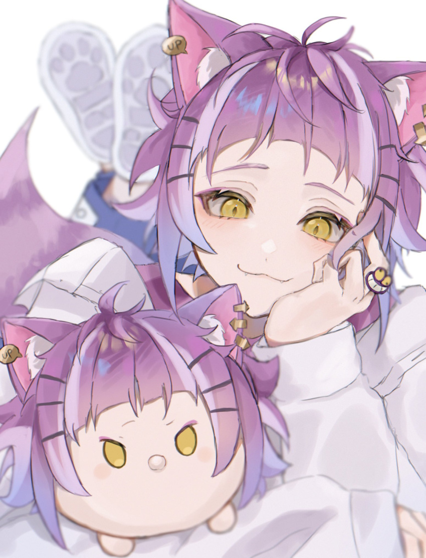 1boy :3 animal_ears aroha252538 cat_boy cat_ears cat_tail character_doll che'nya closed_mouth ear_piercing expressionless hair_ornament hairpin head_rest highres light_purple_hair long_sleeves male_focus multicolored_hair piercing purple_hair solo sweater tail twisted_wonderland white_background white_sweater yellow_eyes