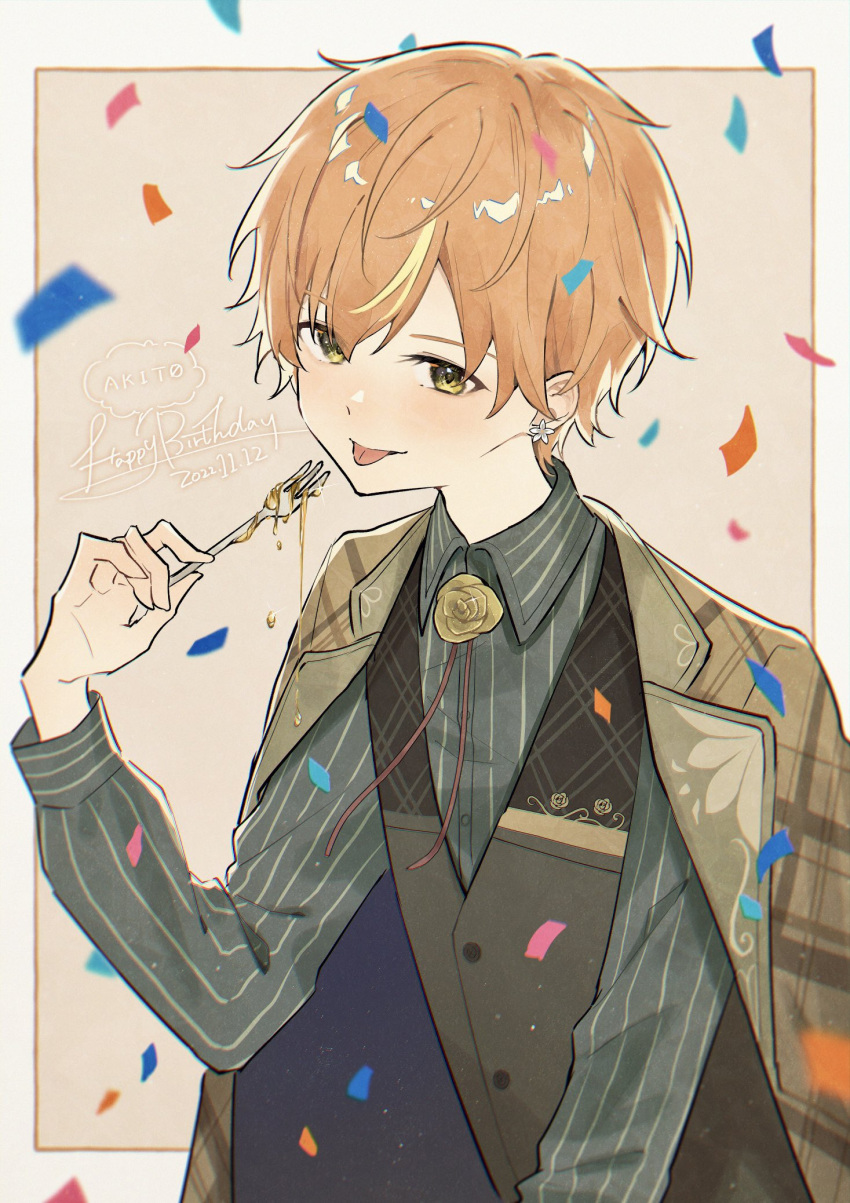 1boy :p blonde_hair buttons character_name collared_shirt commentary_request confetti dated earrings flower_earrings fork green_eyes happy_birthday highres holding holding_fork jacket jacket_on_shoulders jewelry jishio lapels long_sleeves male_focus multicolored_hair notched_lapels official_alternate_costume orange_hair project_sekai shinonome_akito shirt short_hair solo streaked_hair tongue tongue_out two-tone_hair upper_body