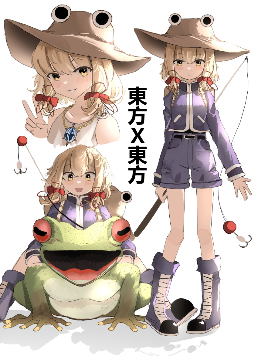 1girl absurdres alternate_costume blonde_hair boots bow brown_headwear commentary english_commentary fishing_rod frog hair_bow highres hunter_x_hunter jewelry moriya_suwako multiple_girls ougiikun pendant purple_shorts purple_vest red_bow shorts sidelocks simple_background touhou vest white_background yellow_eyes