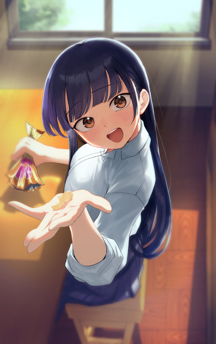 1girl absurdres bag_of_chips blue_hair blue_skirt blurry blurry_background boku_no_kokoro_no_yabai_yatsu breasts brown_eyes chips_(food) dark_blue_hair desk food highres holding holding_food incoming_food indoors large_breasts long_hair looking_at_viewer open_mouth pleated_skirt potato_chips shirt sitting skirt solo takeman white_shirt window yamada_anna