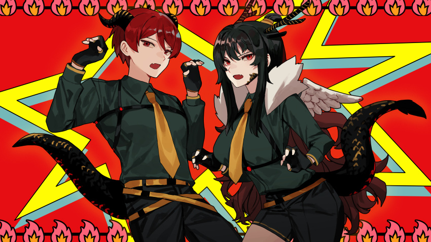 1boy 1girl absurdres belt black_gloves black_hair black_pants black_shorts breasts carol0905 chest_harness claw_pose collared_shirt dragon_horns dragon_wings fang feathered_wings fingerless_gloves gloves green_shirt harness highres horns large_breasts library_of_ruina long_hair long_sleeves lowell_(library_of_ruina) necktie open_mouth pants project_moon red_background red_eyes redhead salamander_(vocaloid) shirt shorts sidelocks skin_fang very_long_hair white_wings wings xiao_(library_of_ruina) yellow_belt yellow_necktie