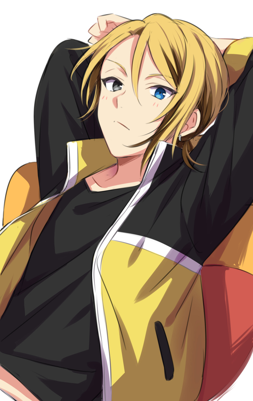 1boy absurdres arms_behind_head black_eyes black_shirt blonde_hair blue_eyes blush character_request closed_mouth commentary_request earrings hair_between_eyes helios_rising_heroes heterochromia highres hoop_earrings jacket jewelry long_sleeves looking_at_viewer male_focus open_clothes open_jacket partial_commentary sekina shirt sleeves_past_elbows solo