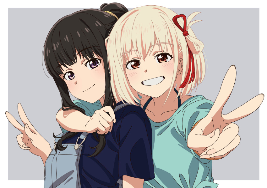 2girls absurdres aqua_shirt asada7101 bikini bikini_under_clothes black_hair blonde_hair blush border bracelet clenched_teeth closed_mouth commentary_request cropped_shirt denim grey_background hair_bun hair_ribbon highres hug hug_from_behind inoue_takina jewelry long_hair looking_at_viewer lycoris_recoil multiple_girls nishikigi_chisato official_style one_side_up parody partial_commentary red_eyes red_ribbon ribbon shirt short_hair sidelocks smile style_parody suspenders swimsuit teeth upper_body v violet_eyes white_border yuri