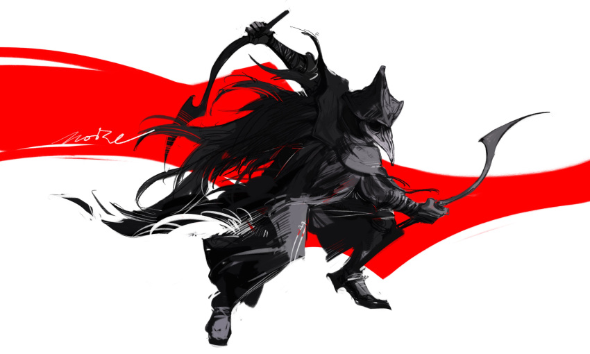 1girl absurdres black_headwear blade_of_mercy bloodborne cloak eileen_the_crow feather-trimmed_coat hat highres holding holding_weapon long_coat mask mi_lu_zaosheng plague_doctor_mask red_background shoes signature solo standing sword weapon white_background