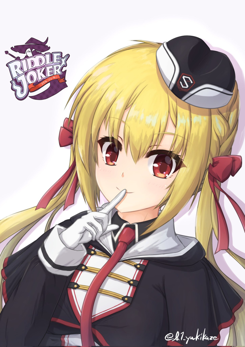 1girl arihara_nanami black_capelet black_headwear blonde_hair blush bow braid capelet closed_mouth copyright_name eyelashes eyes_visible_through_hair finger_to_mouth garrison_cap gloves hair_between_eyes hair_bow hair_ribbon hand_up hat highres hood hood_down index_finger_raised komori_kon long_hair long_sleeves looking_at_viewer mini_hat nanami_day necktie red_bow red_eyes red_necktie red_ribbon ribbon riddle_joker shushing side_braid simple_background smile solo twintails twitter_username upper_body white_background white_gloves