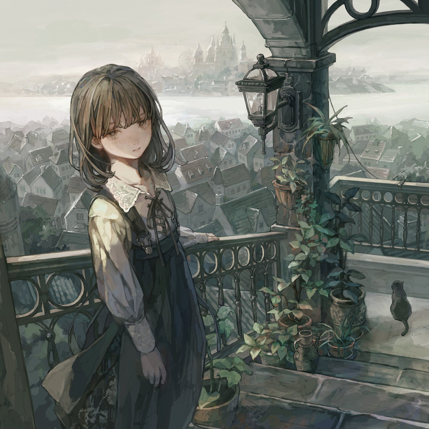 1girl arch black_cat black_ribbon black_skirt brown_eyes brown_hair building cat chimney city collarbone collared_shirt expressionless ferris_wheel flower_pot fog grey_sky hand_on_railing high-waist_skirt highres hotatenshi house lantern long_sleeves looking_at_viewer medium_hair on_stairs original plant potted_plant puffy_long_sleeves puffy_sleeves ribbon river scenery shirt skirt sky solo stairs suspender_skirt suspenders tree watering_can white_shirt window