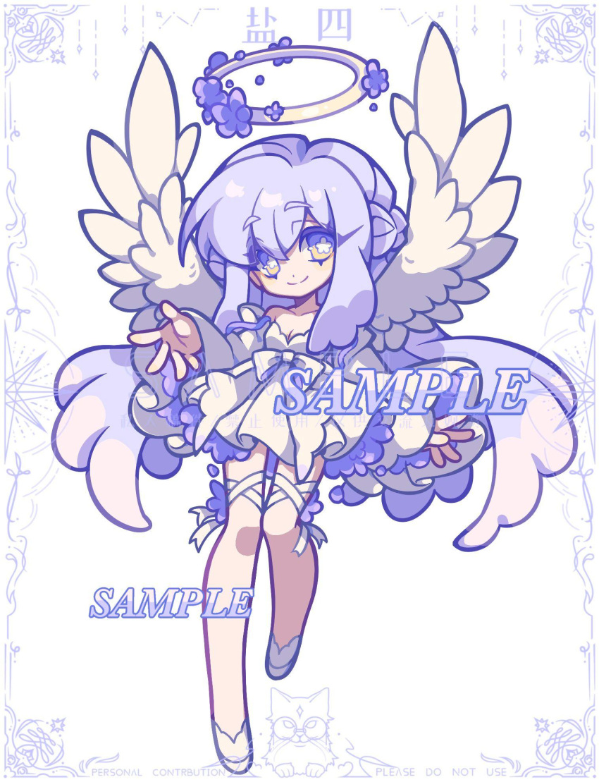 1girl angel_wings dress flower-shaped_pupils full_body halo highres leg_ribbon long_hair original outstretched_arm outstretched_hand purple_hair ribbon sample_watermark smile solo symbol-shaped_pupils thigh_ribbon very_long_hair violet_eyes white_background white_dress white_footwear white_ribbon white_wings wings xianyudian_laoban