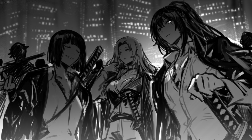 1boy 2girls blunt_bangs blunt_ends bob_cut breasts buttons chest_tattoo city_lights cityscape coat coat_on_shoulders collared_shirt glowing glowing_eye greyscale highres hong_lu_(limbus_company) katana large_breasts limbus_company long_hair long_sleeves monochrome multiple_girls night nishikujic outdoors parted_bangs people project_moon rodion_(limbus_company) ryoshu_(limbus_company) shirt short_hair sidelocks sword tattoo very_long_hair weapon