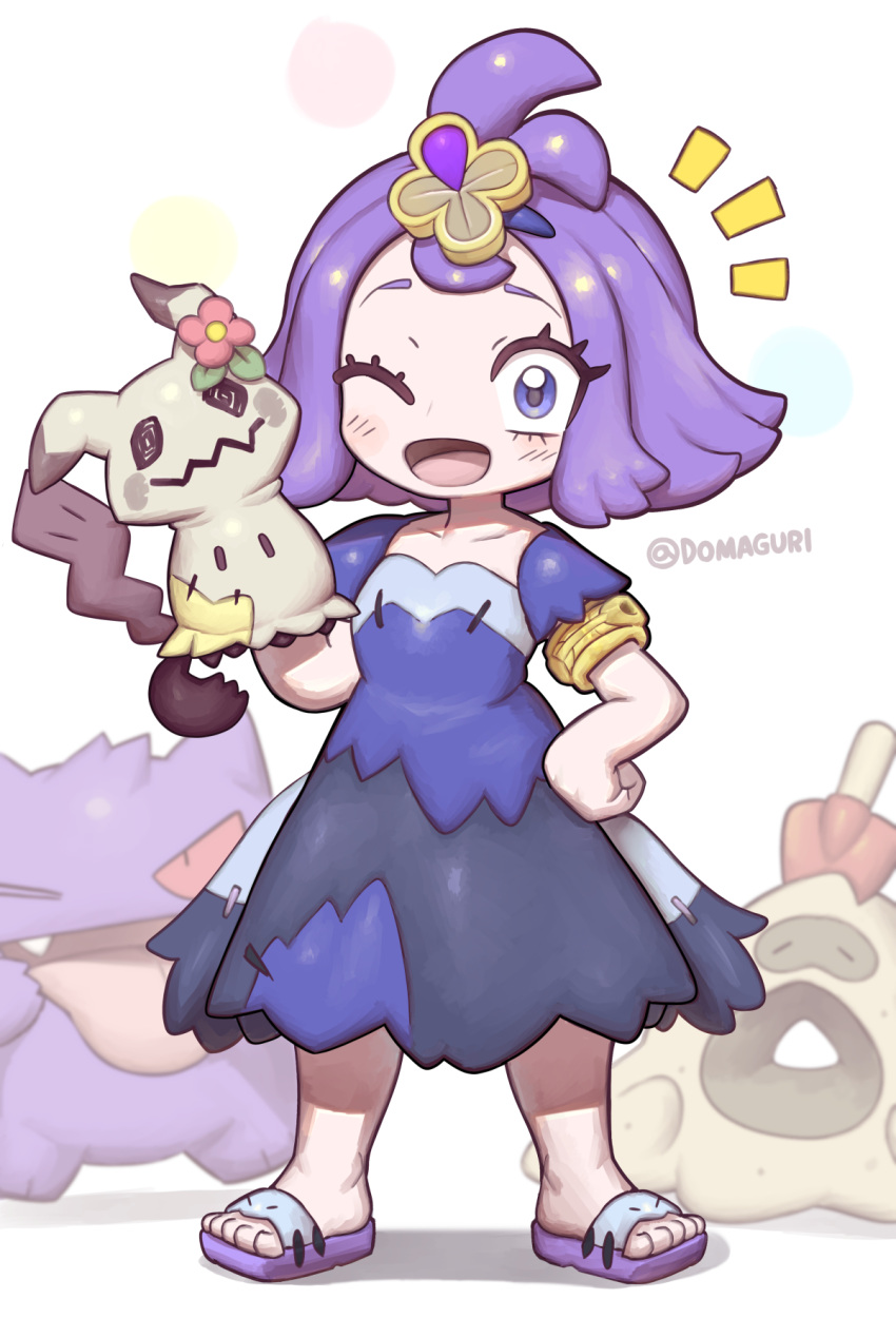 1girl acerola_(pokemon) blush domaguri dress flower full_body gengar hair_ornament hand_on_own_hip highres holding looking_at_viewer mimikyu notice_lines one_eye_closed open_mouth patchwork_clothes pokemon pokemon_(creature) pokemon_(game) pokemon_sm purple_hair red_flower sandals sandygast short_hair short_sleeves simple_background standing topknot twitter_username white_background