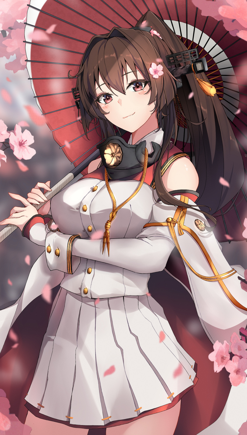 1girl blush brown_eyes brown_hair buttons cherry_blossoms closed_mouth coat cowboy_shot flower hair_between_eyes hair_flower hair_ornament headgear highres holding holding_umbrella jenson_tw kantai_collection long_hair long_sleeves oil-paper_umbrella petals pink_flower pleated_skirt ponytail red_umbrella skirt smile solo umbrella very_long_hair white_coat white_skirt yamato_(kancolle) yamato_kai_ni_(kancolle)