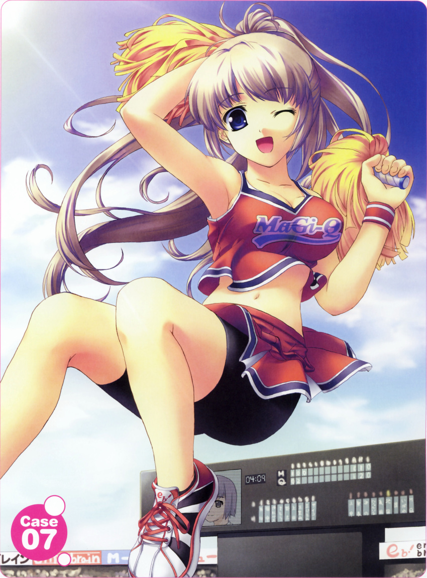 absurdres armpits bike_shorts blue_eyes breasts brown_hair cheerleader highres jumping long_hair magicu open_mouth pom_poms ponytail skirt solo spandex wink wristband