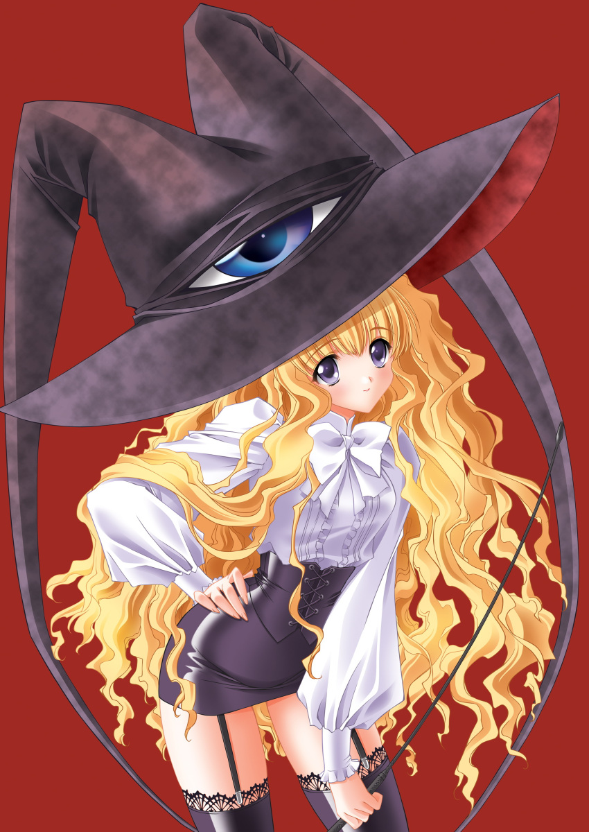 blonde_hair bow carnelian garter_belt hands_on_hips hat highres lilith long_hair purple_eyes simple_background skirt smile stockings thigh-highs thighhighs very_long_hair whip witch_hat yami_to_boushi_to_hon_no_tabibito