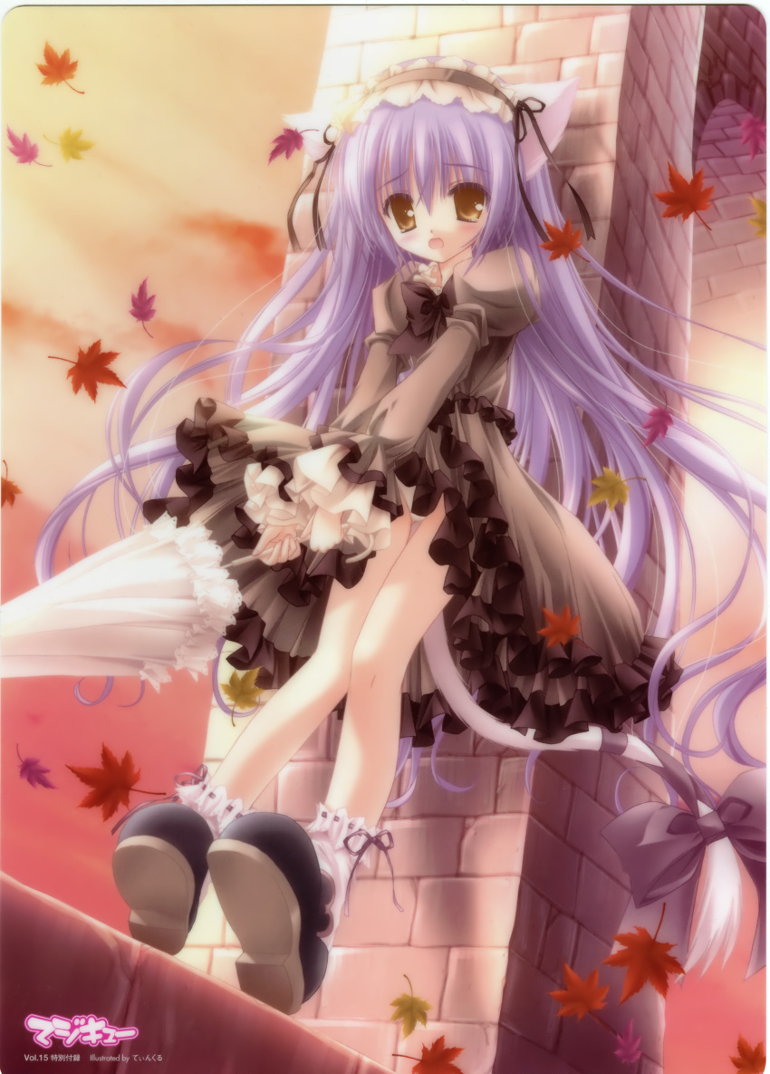 :o angel_ring_(artbook) animal_ears blush cafe_little_wish cat_ears curly_hair dress flat_chest gothic_lolita hairband highres leaf leaning lolita_fashion long_hair mina mina_(cafe_little_wish) nekomimi panties purple_hair standing tail tears tinker_bell tinkerbell tinkle umbrella wind yellow_eyes