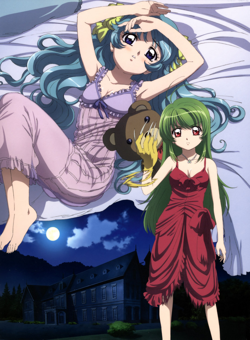 angry antenna_hair armpits arms_up barefoot bed blue_eyes blue_hair blush bow breasts building claws cleavage cloud dress feet flat_chest from_above frown green_hair highres inukami! jewelry kei lingerie long_hair lying moon multiple_girls necklace night night_sky nightgown official_art on_back outdoors pendant red_eyes scan shindou_kei_(inukami) sky standing stuffed_animal stuffed_toy teddy_bear torn_clothes underwear very_long_hair wavy_hair youko youko_(inukami)