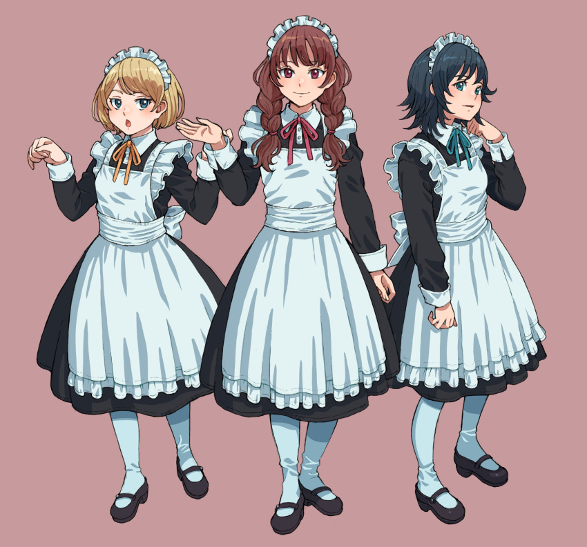 3girls :o apron arm_at_side black_dress black_footwear black_hair blonde_hair blue_eyes braid brown_background brown_hair closed_mouth collared_dress commentary dress full_body green_ribbon hand_up highres long_sleeves looking_at_viewer low_twin_braids maid maid_apron maid_headdress mary_janes medium_hair multiple_girls neck_ribbon open_mouth original pantyhose parted_lips pink_eyes red_ribbon ribbon shoes short_hair simple_background smile standing tanuki_koubou twin_braids white_apron white_pantyhose yellow_ribbon