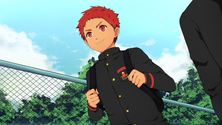 1boy bacchikoi! backpack bag blue_sky buttons chain-link_fence closed_mouth clouds collaboration fence game_cg kanada_toshu male_focus mazjojo mikkoukun non-web_source red_eyes redhead school_uniform short_hair sky smile solo tree upper_body variant_set zamius