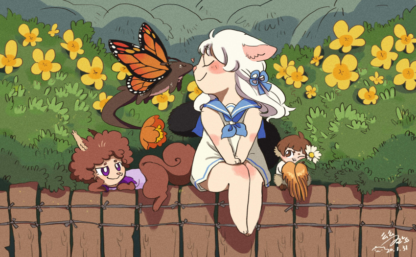 1girl 1other 2boys absurdres afro animal_ears artist_name beak bird_boy black_tail blue_neckerchief blue_ribbon blue_sailor_collar blush bowl_cut brown_fur brown_hair brown_tail brown_wings bush butterfly_wings cat_ears cat_girl cat_tail closed_eyes dated dress fence flower furry hair_ribbon hands_on_own_knees highres holding holding_flower hua_hua_de_meme kiss kissing_nose long_hair looking_at_another lying multiple_boys neckerchief on_side one_eye_closed orange_wings original ribbon sailor_collar sailor_dress signature sitting sleeveless sleeveless_dress smile squirrel_boy squirrel_ears squirrel_tail tail turning_head violet_eyes white_dress white_footwear white_hair wings wooden_fence yellow_flower
